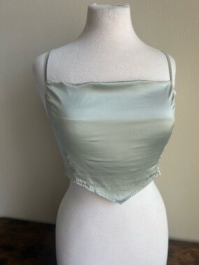 PrettyLittleThing Sage Green Satin Handkerchief Crop Top